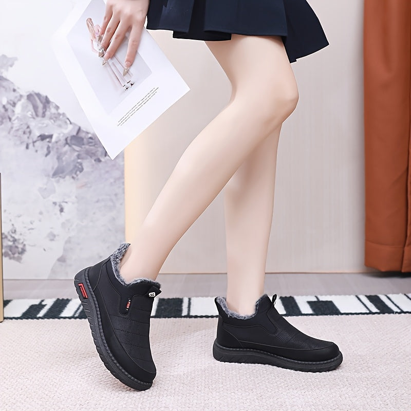 Women's Fleece-Lined Slip-On Ankle Boots Casual Solid Color Fabric
