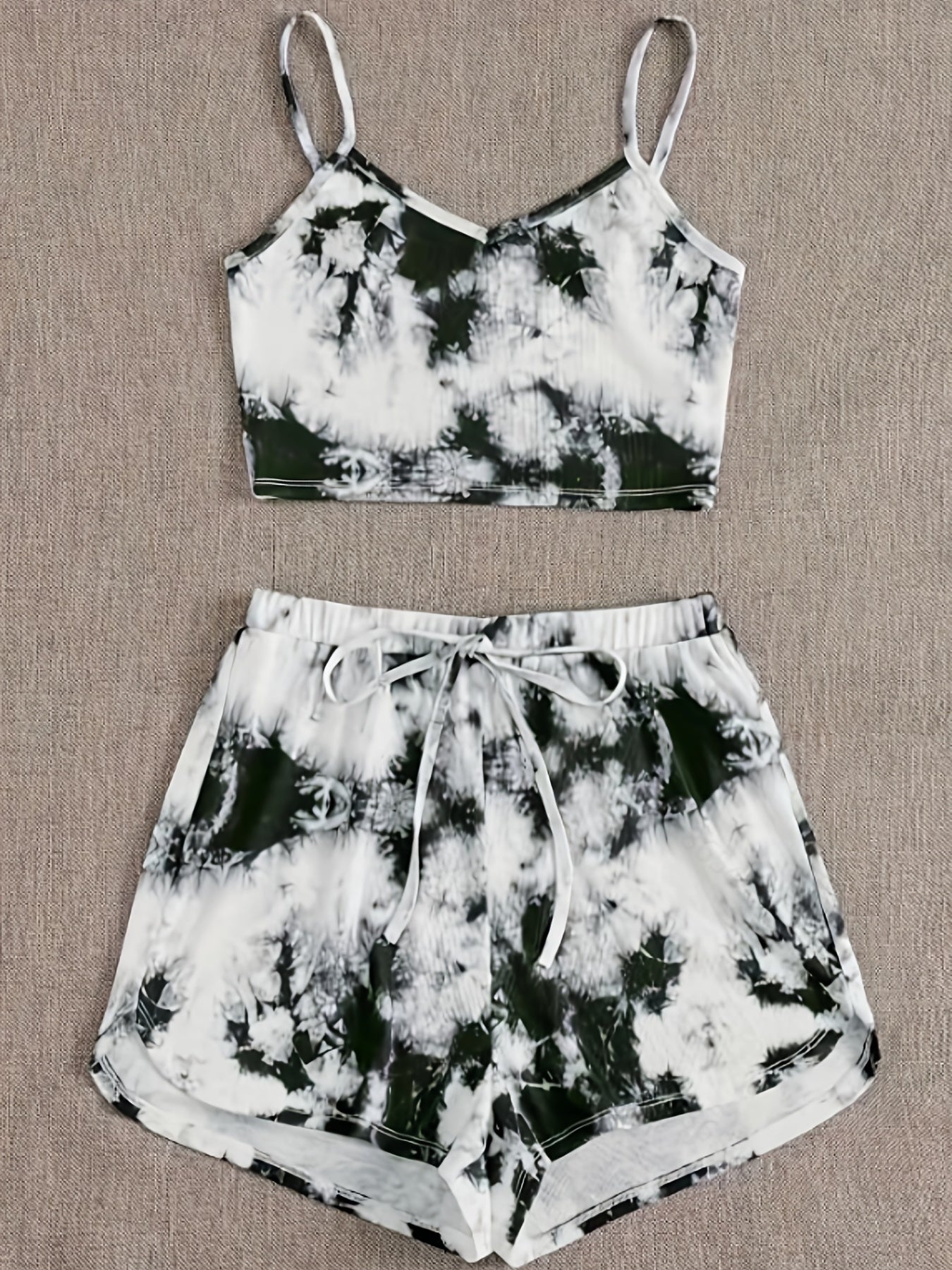 Plus Size Women's Tie Dye Cotton Pajama Set V Neck Crop Top & Shorts