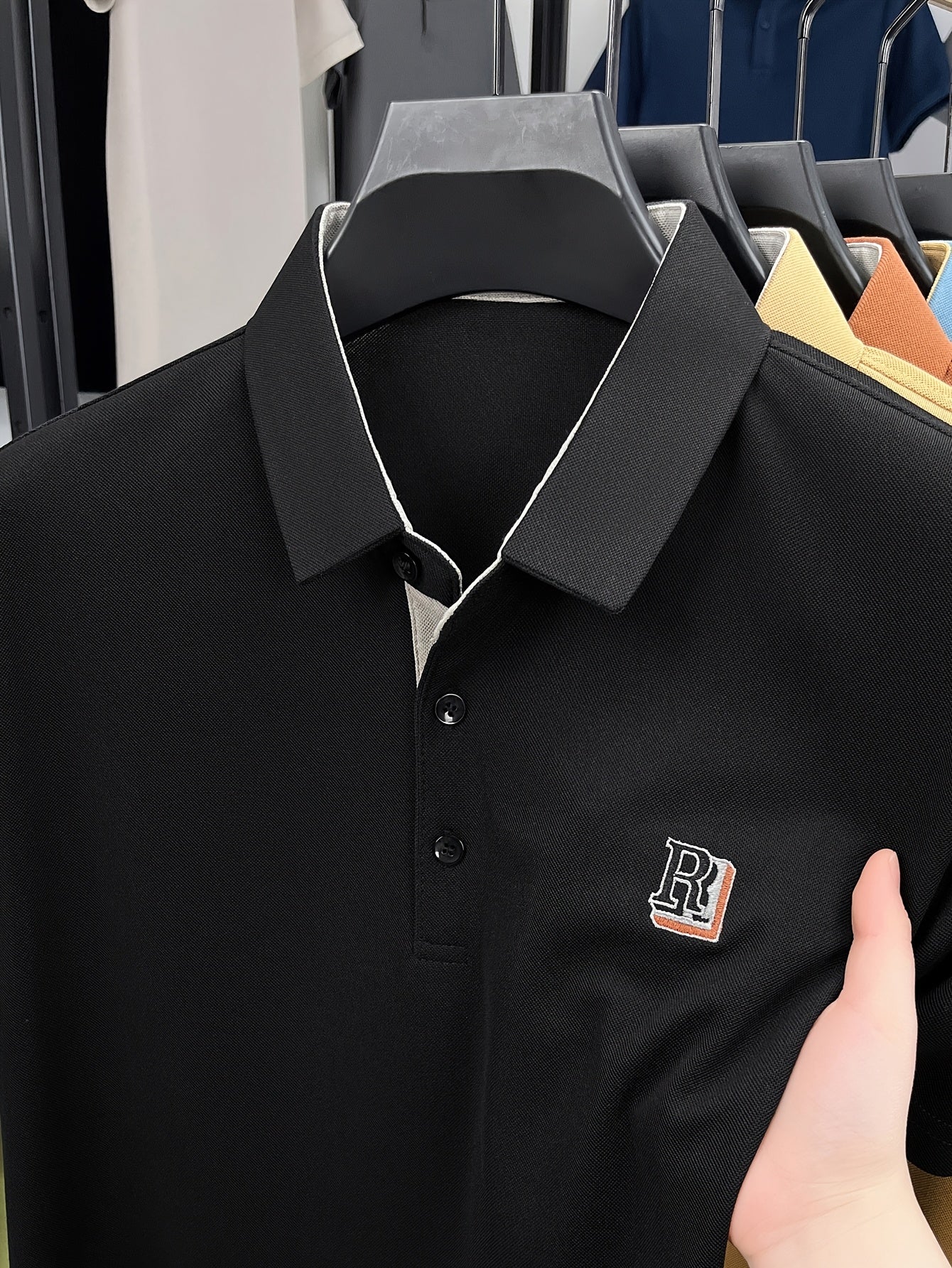 Men's Summer Casual Knitted Shirt Short Sleeve Embroidered Lettering Solid Color Breathable Fabric