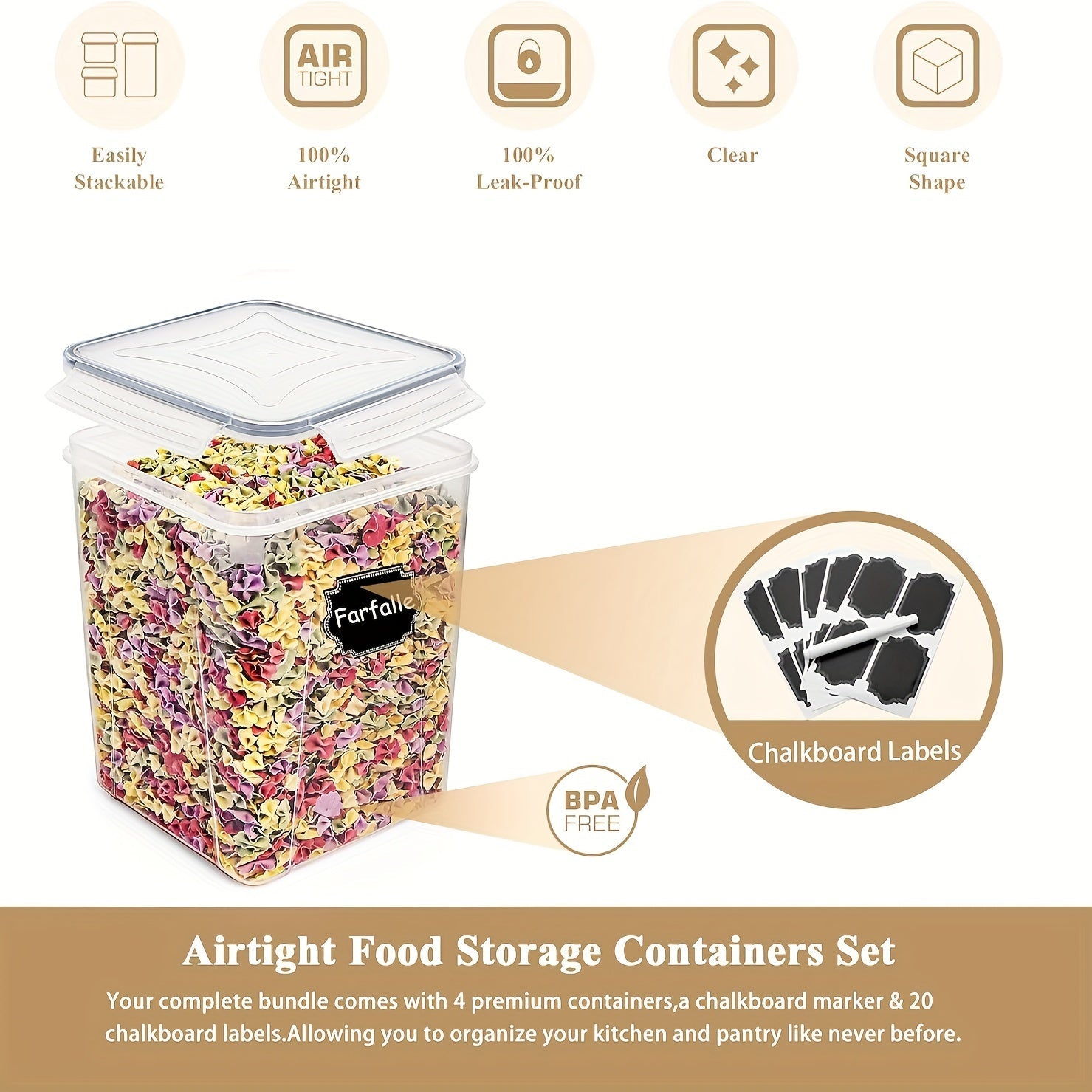 Set of 4 Airtight Food Storage Containers 5.2L Plastic Pantry Organizer
