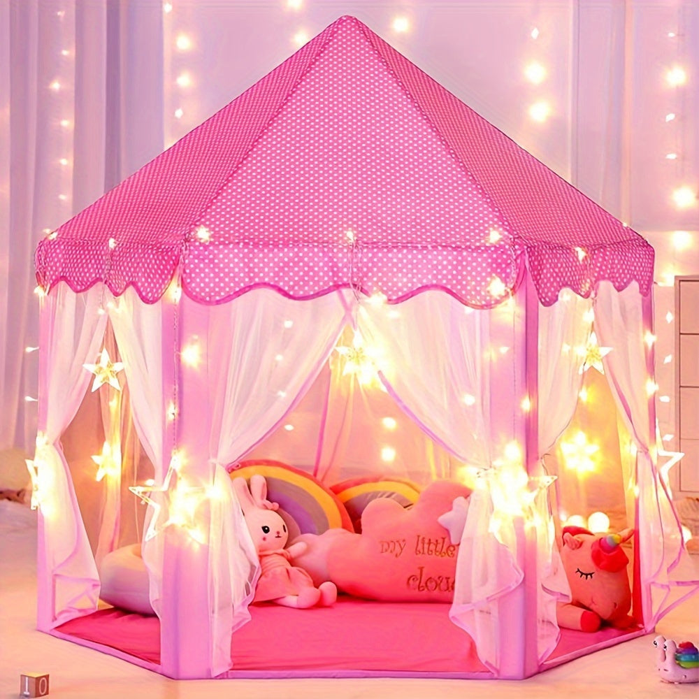 Палатка для девочек MonoBichi Princess - Большой замок со звёздными огнями, подходит для использования в помещении и на улице, изготовлена из прочного полиэстера и ПВХ.