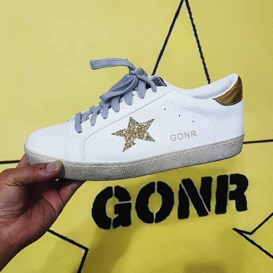 Unisex Vintage Star-Embellished Leather Sneakers with Sequin Accents