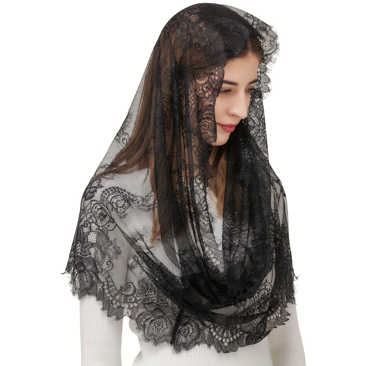 Lace Mantilla Veil with Vintage Style Infinity Shape for Latin Mass and Women