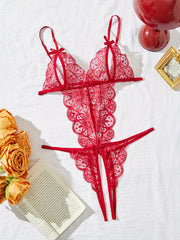 Women's Lace Teddy Bodysuit with Deep V Neckline and Contrast Lace Details