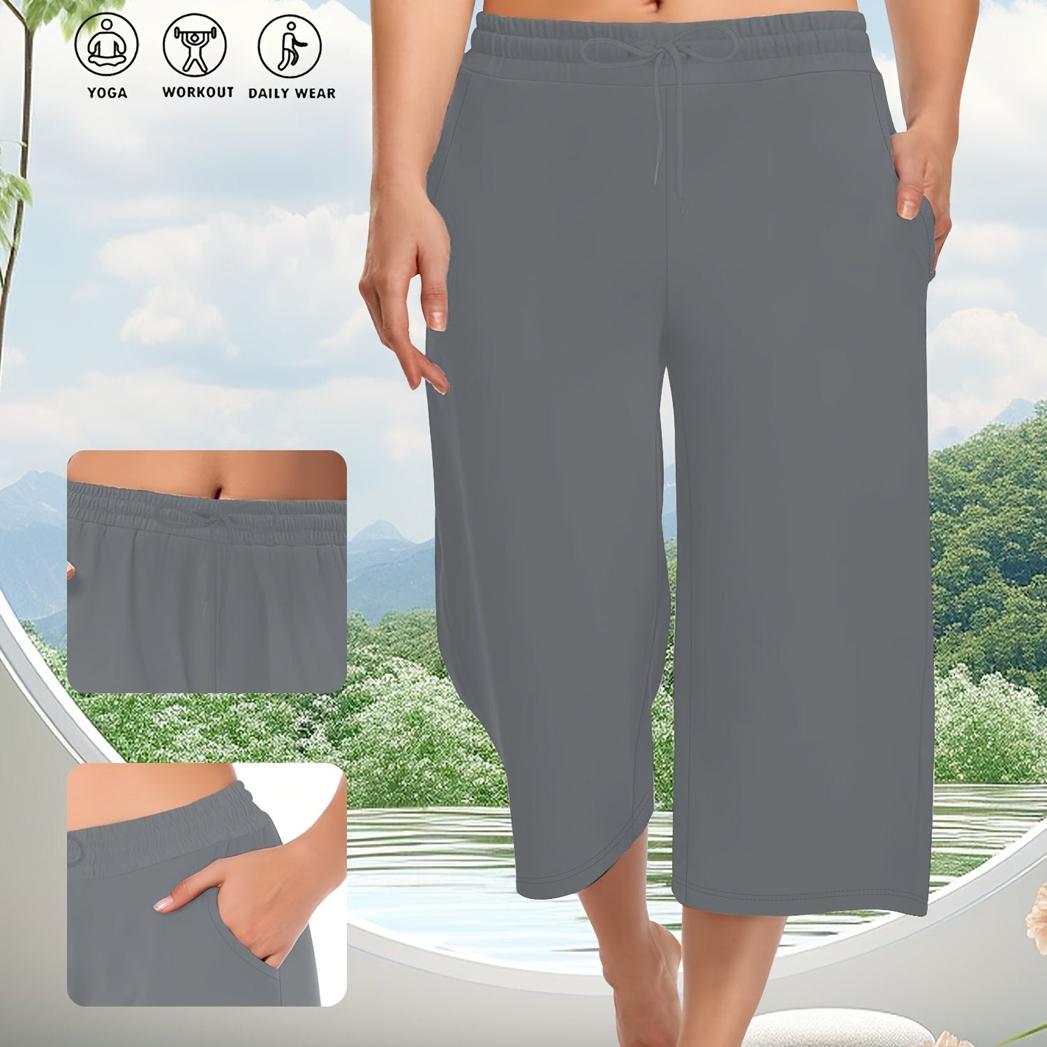 Women's Plus Size Drawstring Wide-Leg Pants with Pockets Gray Casual Summer