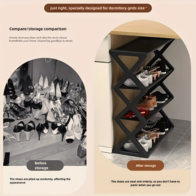 Оптимизируйте свое пространство с помощью нашей 4-уровневой складной полки для обуви — вмещает 12 пар обуви и увеличивает площадь хранения