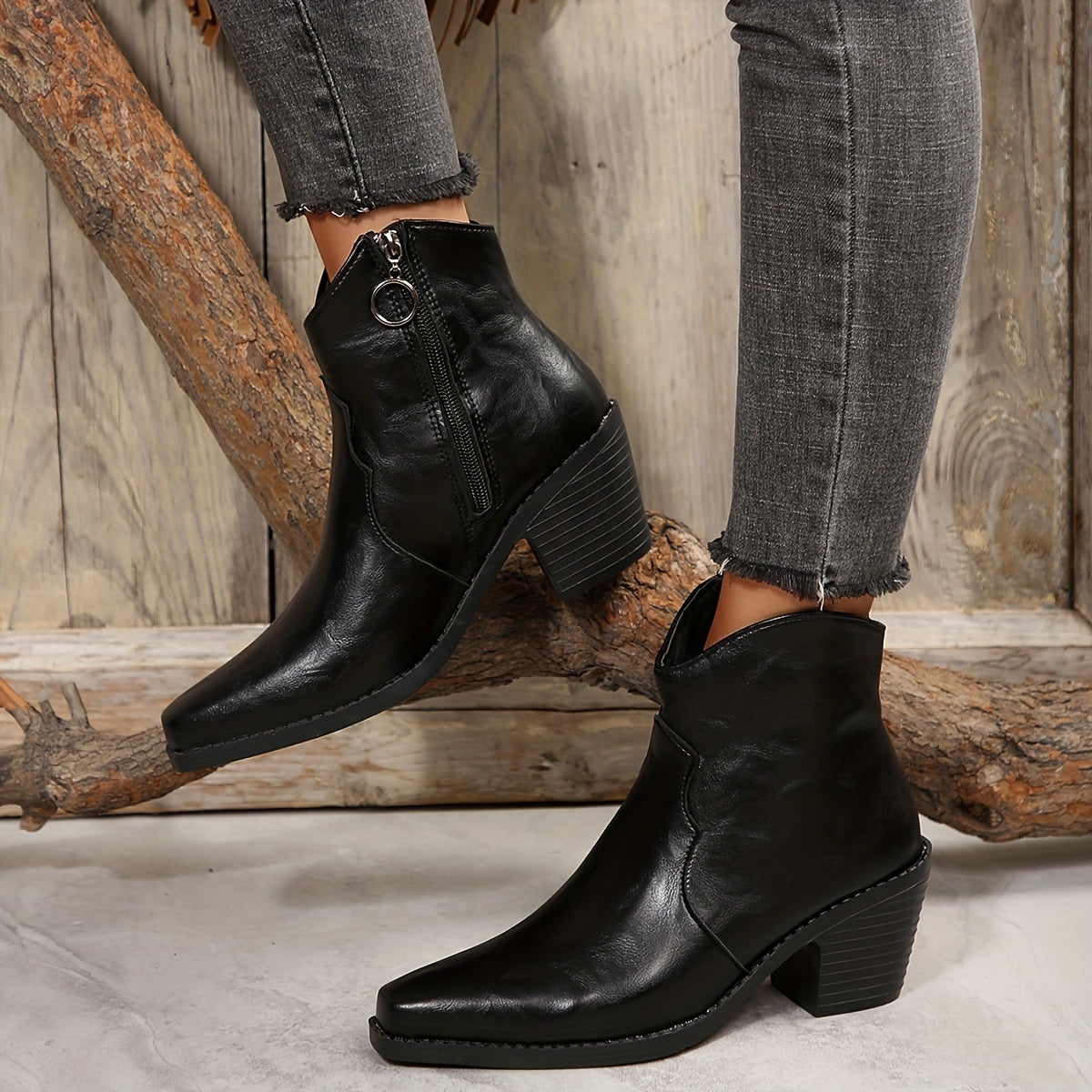 Women's Faux Cover Block Heel Ankle Boots Brown Pointed Toe Non-Slip Rubber Sole