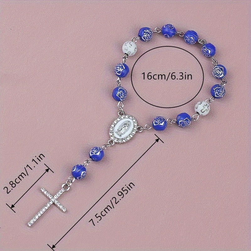 Car Rearview Mirror Beaded Rosary Cross Charm Faux Pearl Alloy Decoration
