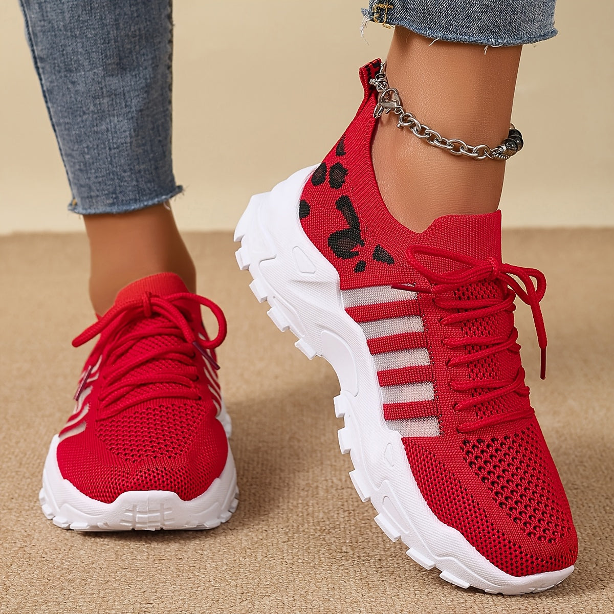 Women's Leopard Print Sneakers Breathable Mesh Low-Top Running Shoes