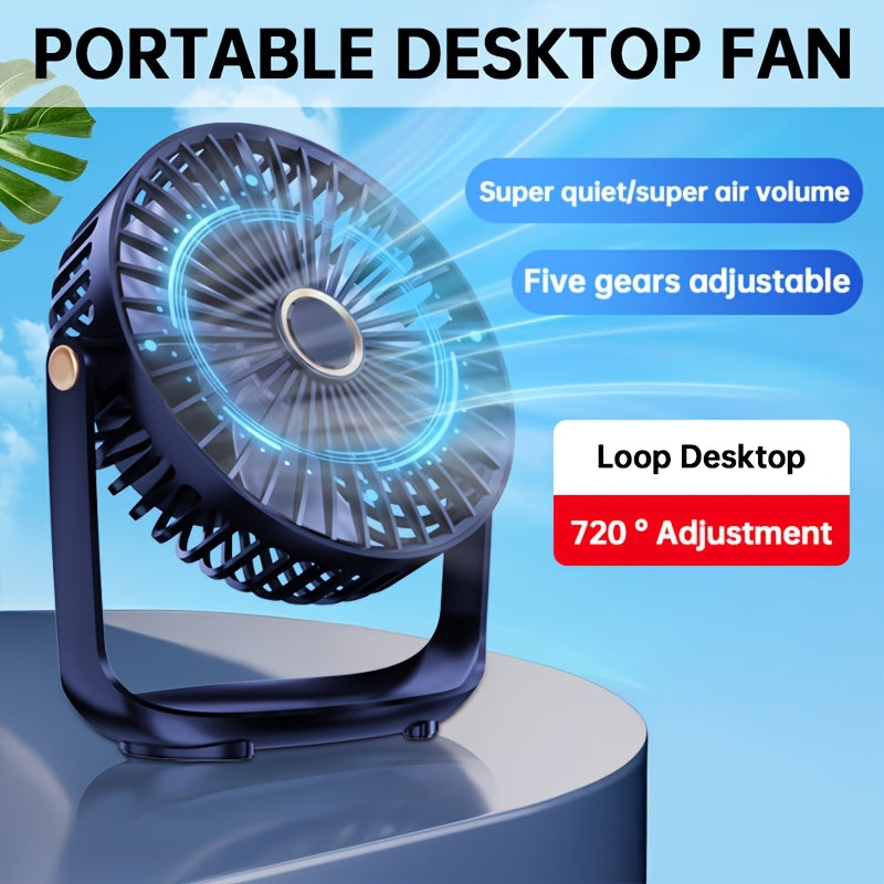 Mini Desktop Fan with Night Light, USB Rechargeable, 5-Speed Settings