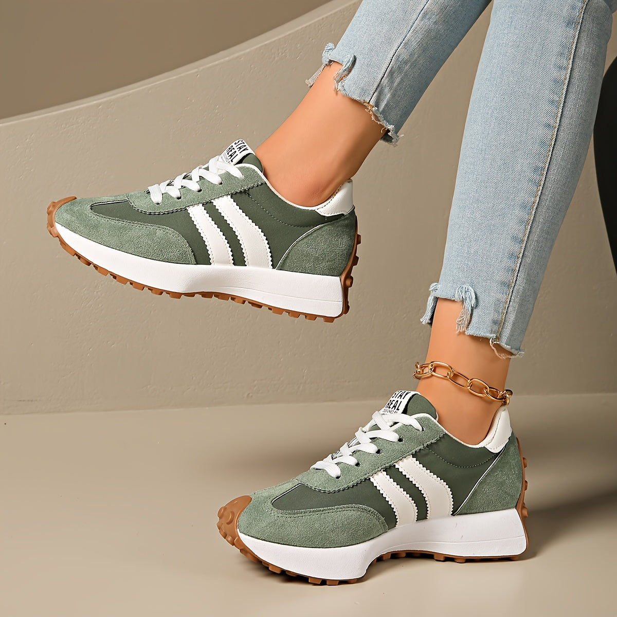 Women’s White Green Casual Sneakers with Rubber Soles and Mesh Panels