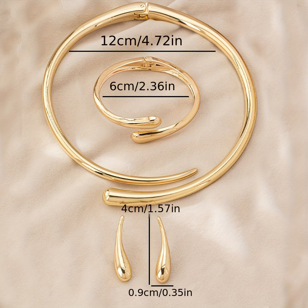 4 ta Yevropa va Amerika uslubidagi moda aksessuarlar to'plami: oddiy, noyob suv tomchisi bilaguzuklari va silliq geometrik yoqa marjon, dumaloq bilaguzuk bilan birga.