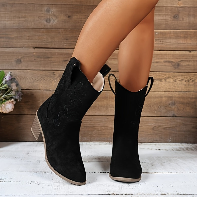 Women's Western Cowboy Boots Mid-Calf Slip-On with Low Heel All-Season