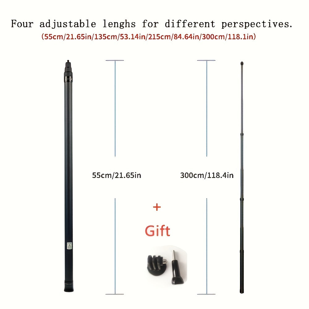 3m Carbon Fiber Selfie Stick Adjustable Length for Cameras with Adapter for Action Cameras