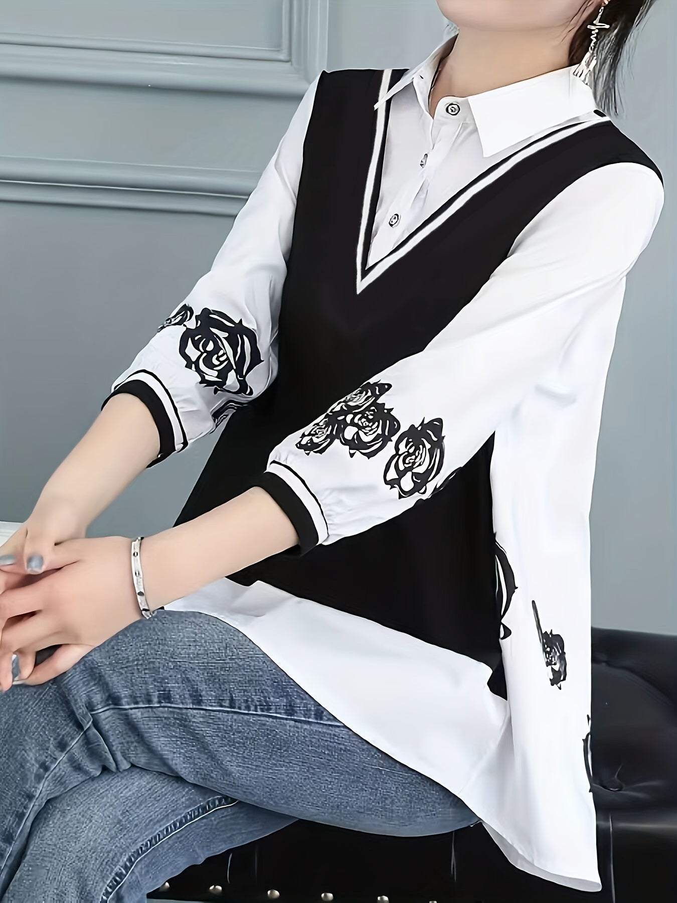 Women's White and Black Chiffon Shirt with Floral Print and Polo Collar