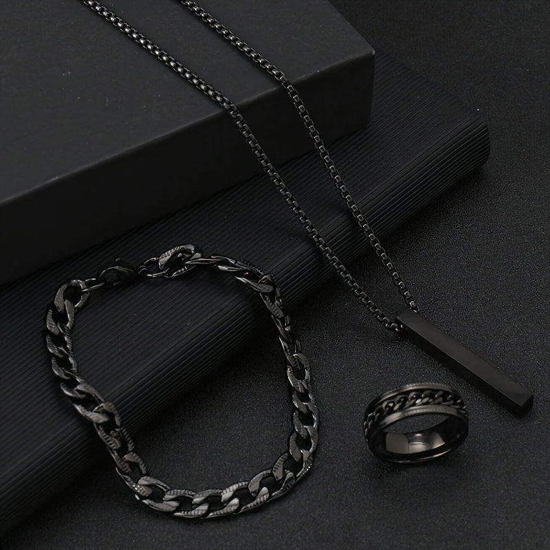 Casual Hip Hop Men's Jewelry Set Stainless Steel Black Geometric Pendant Necklace Bracelet