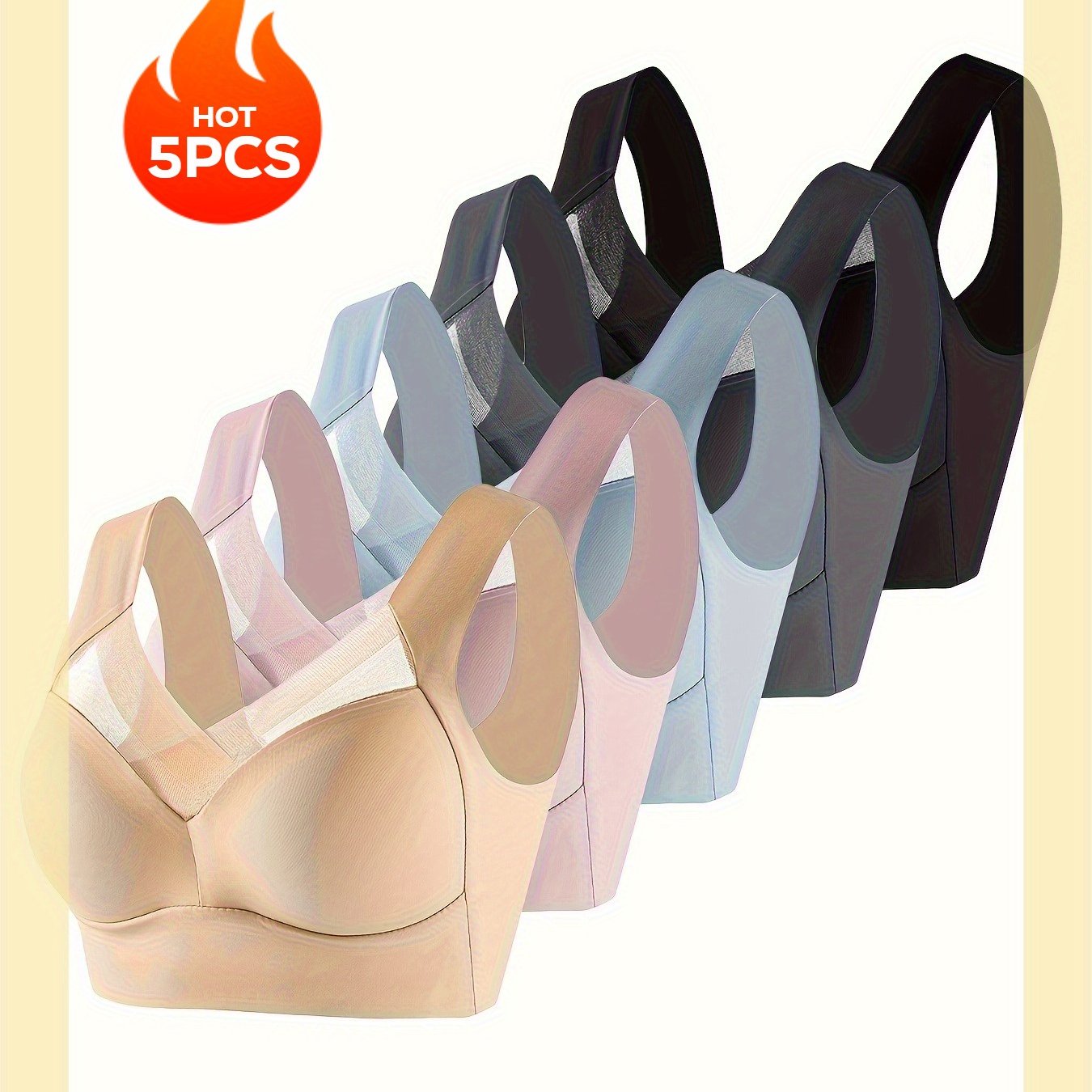 Women’s Mesh Wireless Push-Up Bras 5 Pack Breathable Black Pink Blue