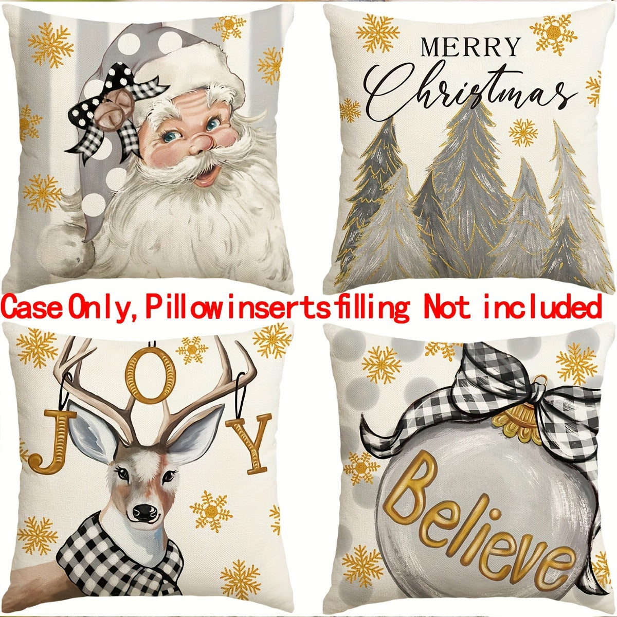 Set of Four Christmas Pillowcases Polyester Fabric 45x45cm Home Decor