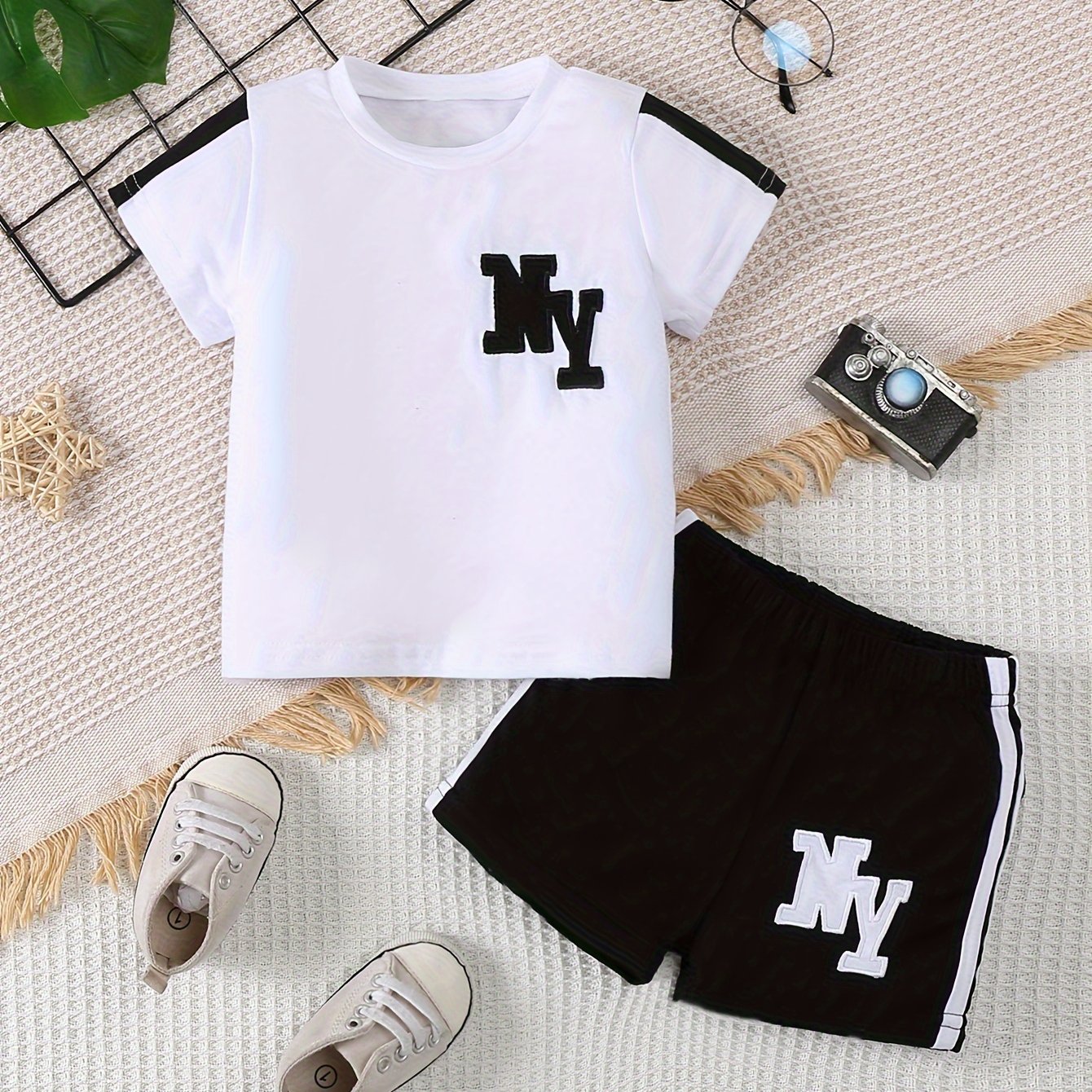 Kids Boys T-Shirt and Shorts Set Black and White Letter Print Polyester Spring Summer Movement Style
