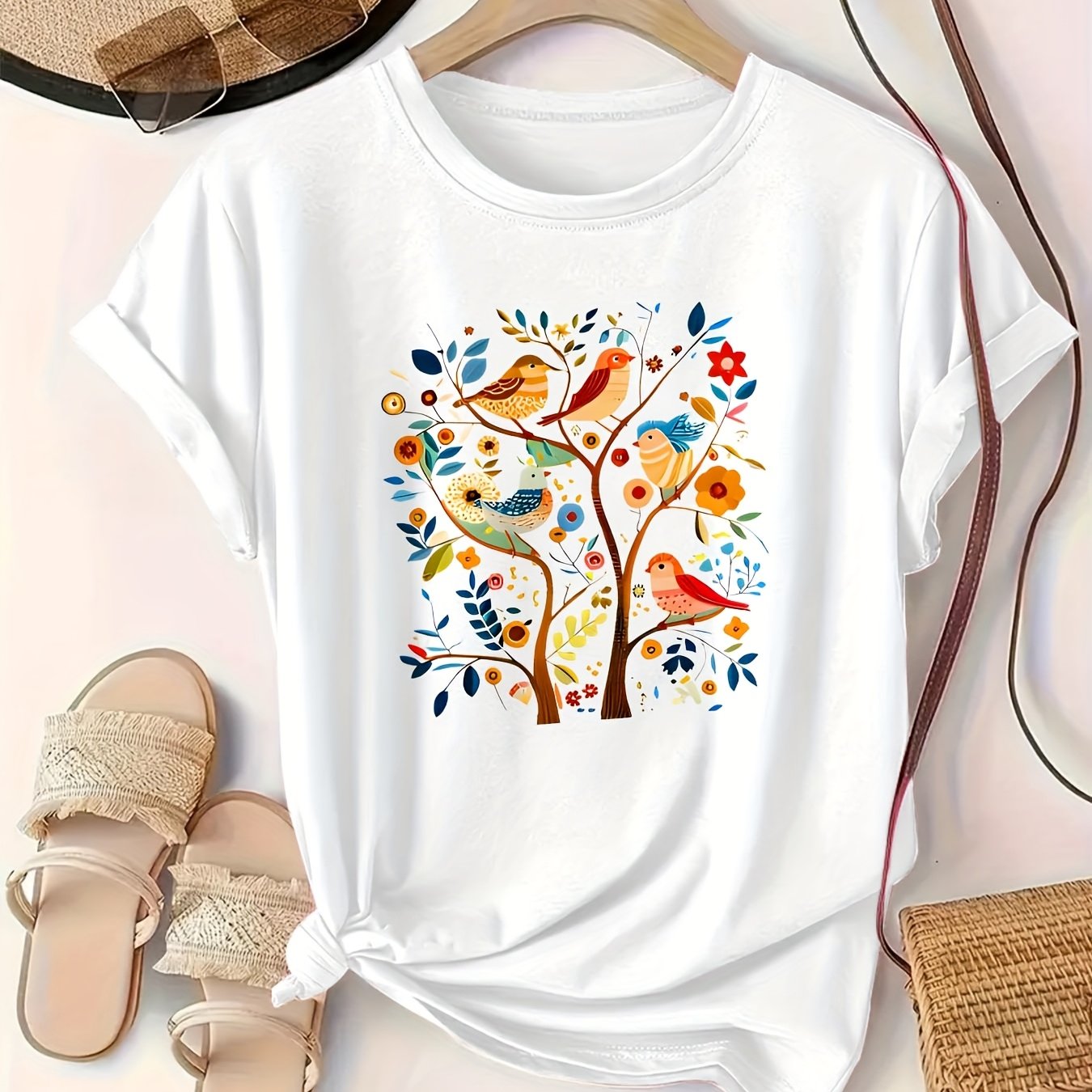 Camiseta de algodón casual para mujer de tallas grandes con estampado de aves coloridas