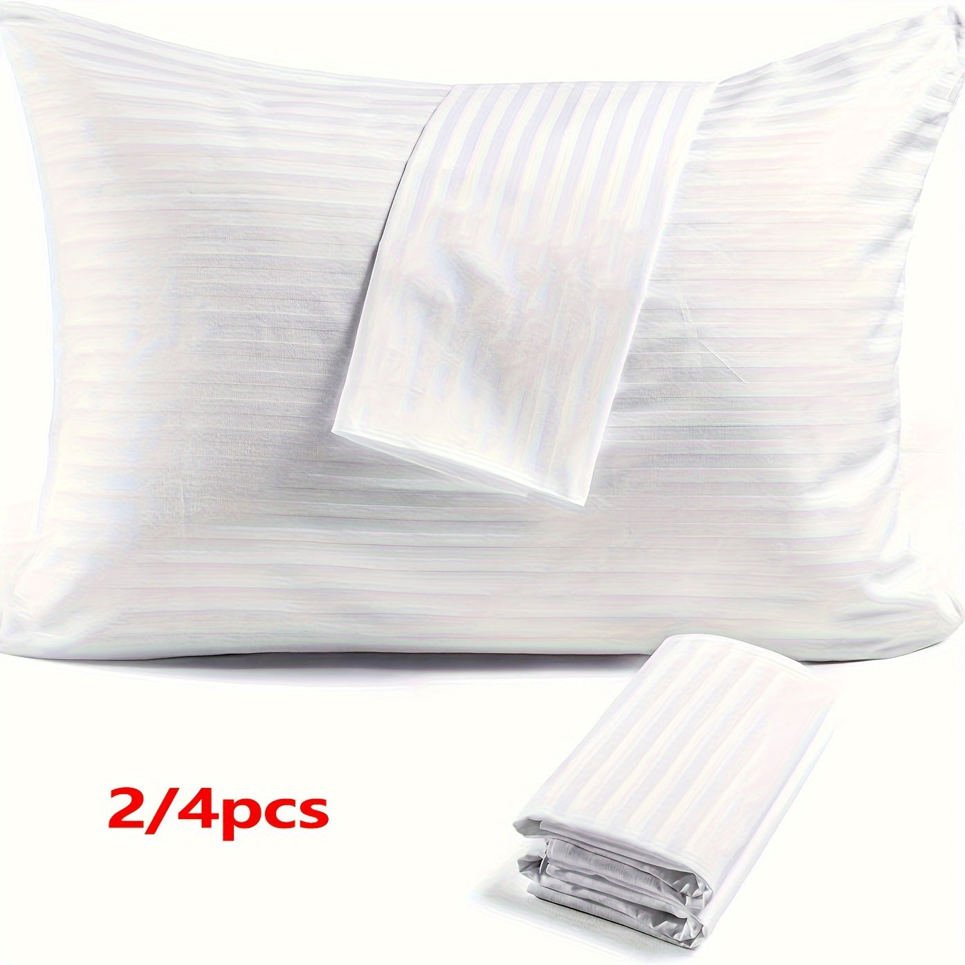 Set of 2/4 Striped Pillow Protectors with Zipper Breathable Polyester for Bed and Guest Use