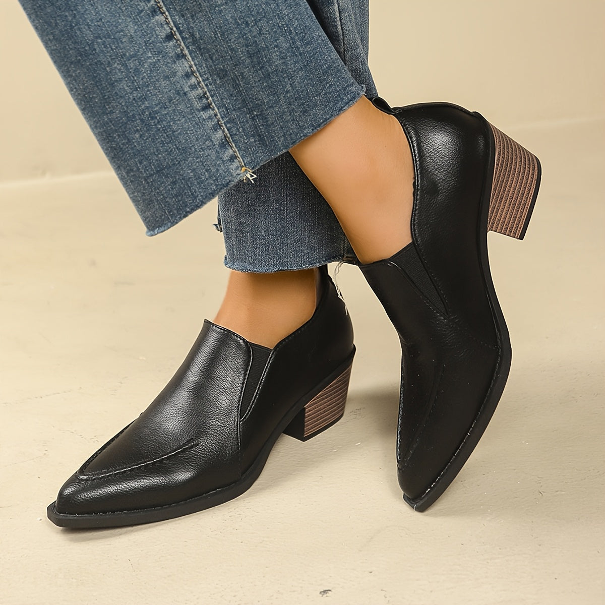 Women Autumn Solid Color Lychee Pattern Chelsea Boots Black Short Heel