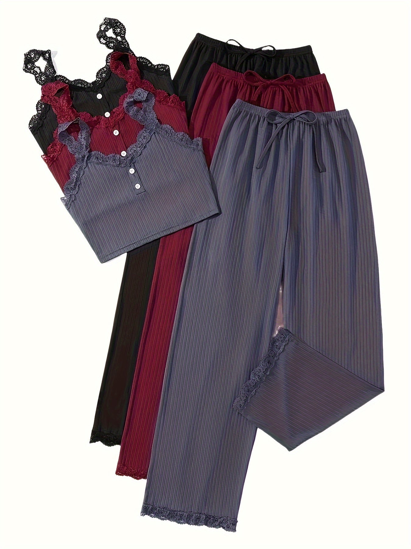 Women's Plus Size Lounge Set 3 Pieces Lace Ribbed Cami Top and Pants