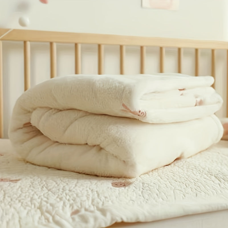 Kids' Cream White Soft Warm Air-Conditioning Quilt with Embroidered Flannel Blanket