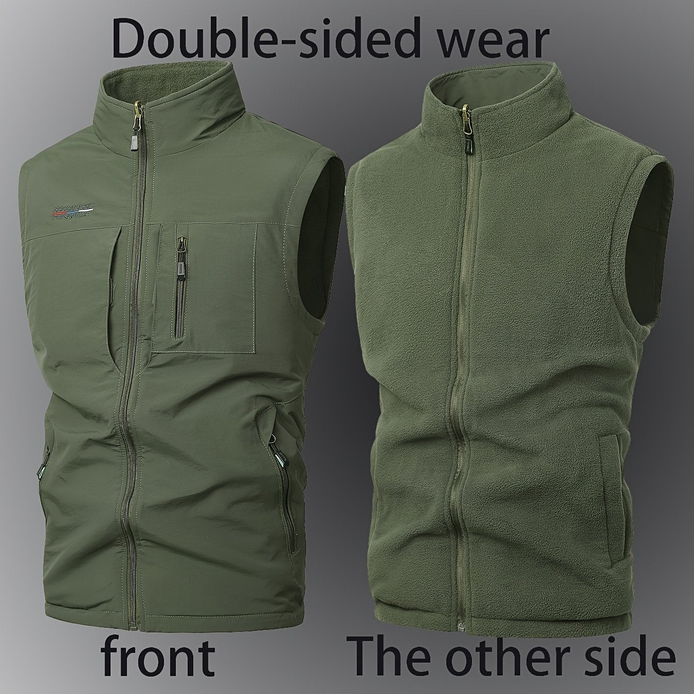 Men's Reversible Fleece-Lined Casual Vest Nylon Stand Collar Embroidered Alphabet Non-Stretch Sleeveless Fall Winter