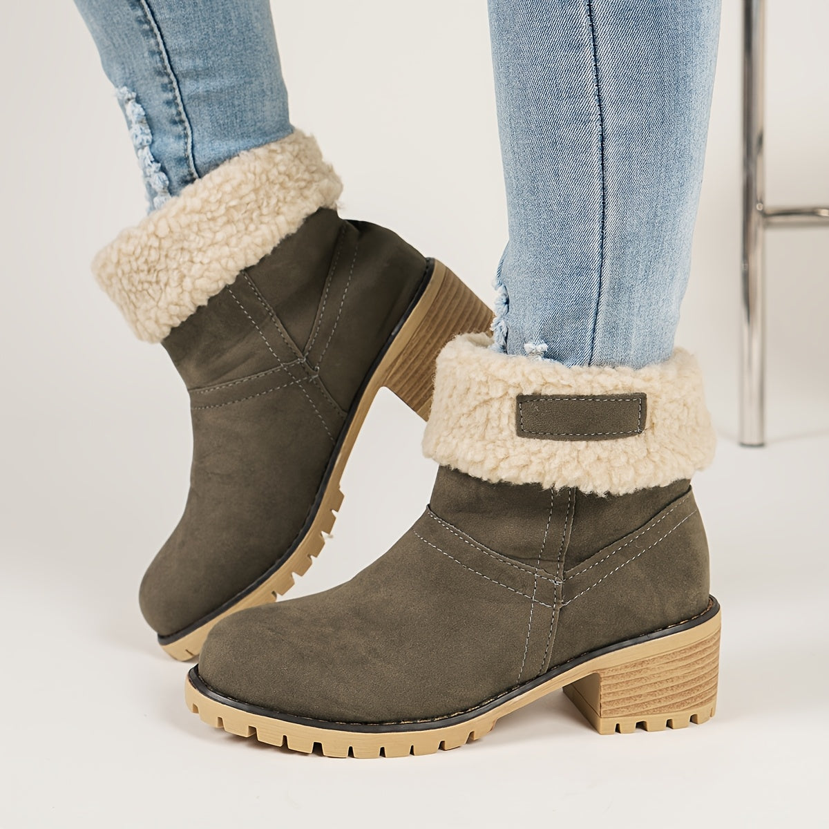 Women's Slip-On Casual Ankle Boots Nude Chunky Heeled Winter Warm Short Boots
