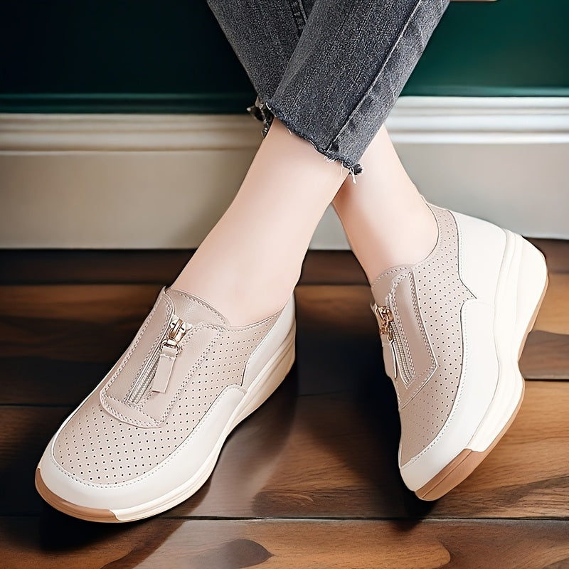 Women's Beige Perforated Casual Sneakers with Zipper, Thick Sole and Anti-Slip
