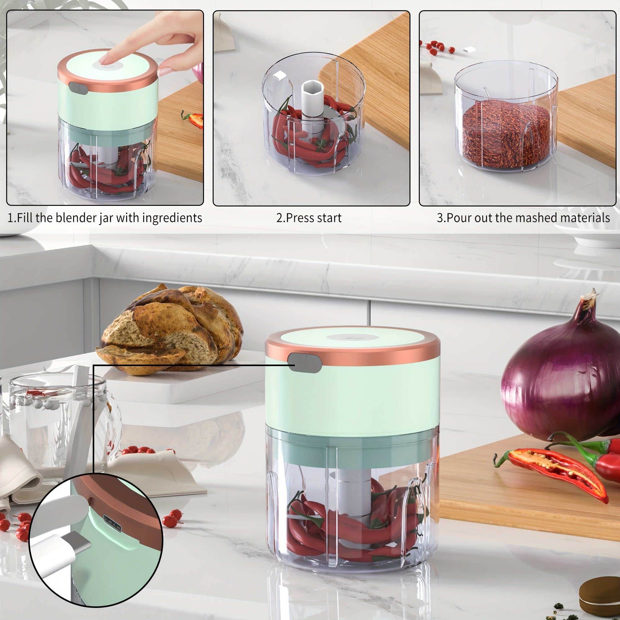 Procesador de alimentos eléctrico compacto mini procesador de carne 3 cuchillas de acero inoxidable recargable por USB