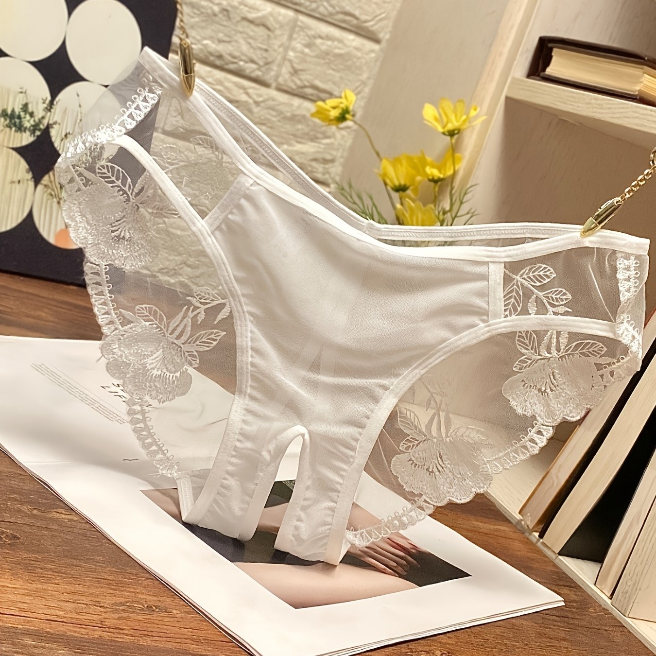Women's Erotic Lingerie Lace Embroidery Mesh Triangle Underwear