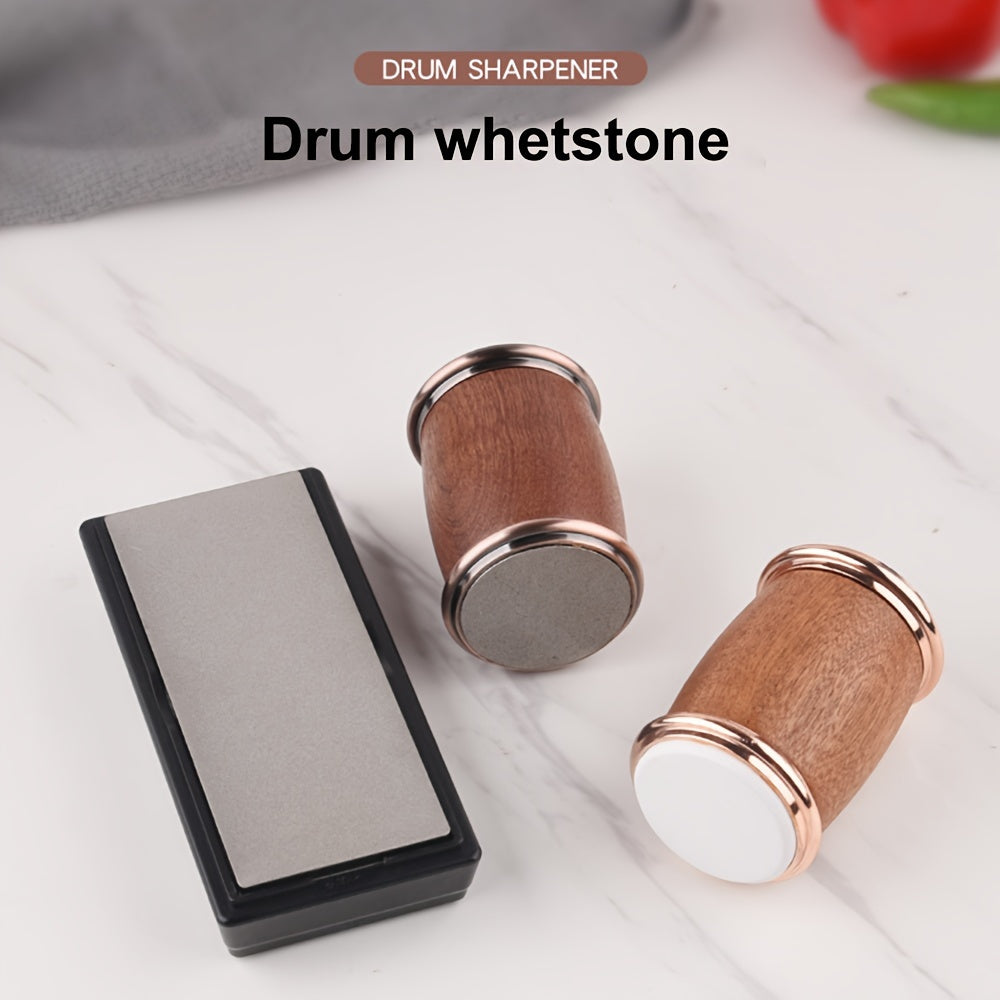 Wooden Handheld Knife Sharpener Set Manual Drum Whetstone Kitchen Tool