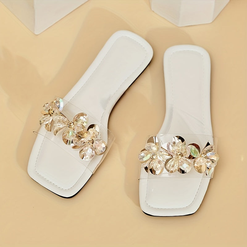 Women's Rhinestone Floral Slip-On Sandals with Square Toe and Flat Soft Sole