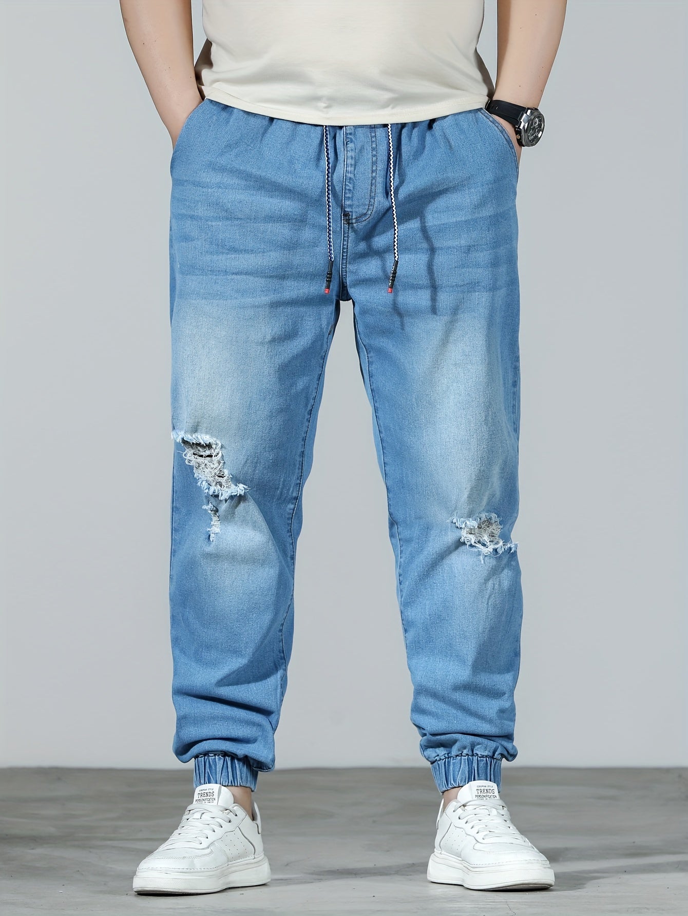 Plus Size Men's Distressed Ripped Denim Joggers Cotton Blend All-Season Casual