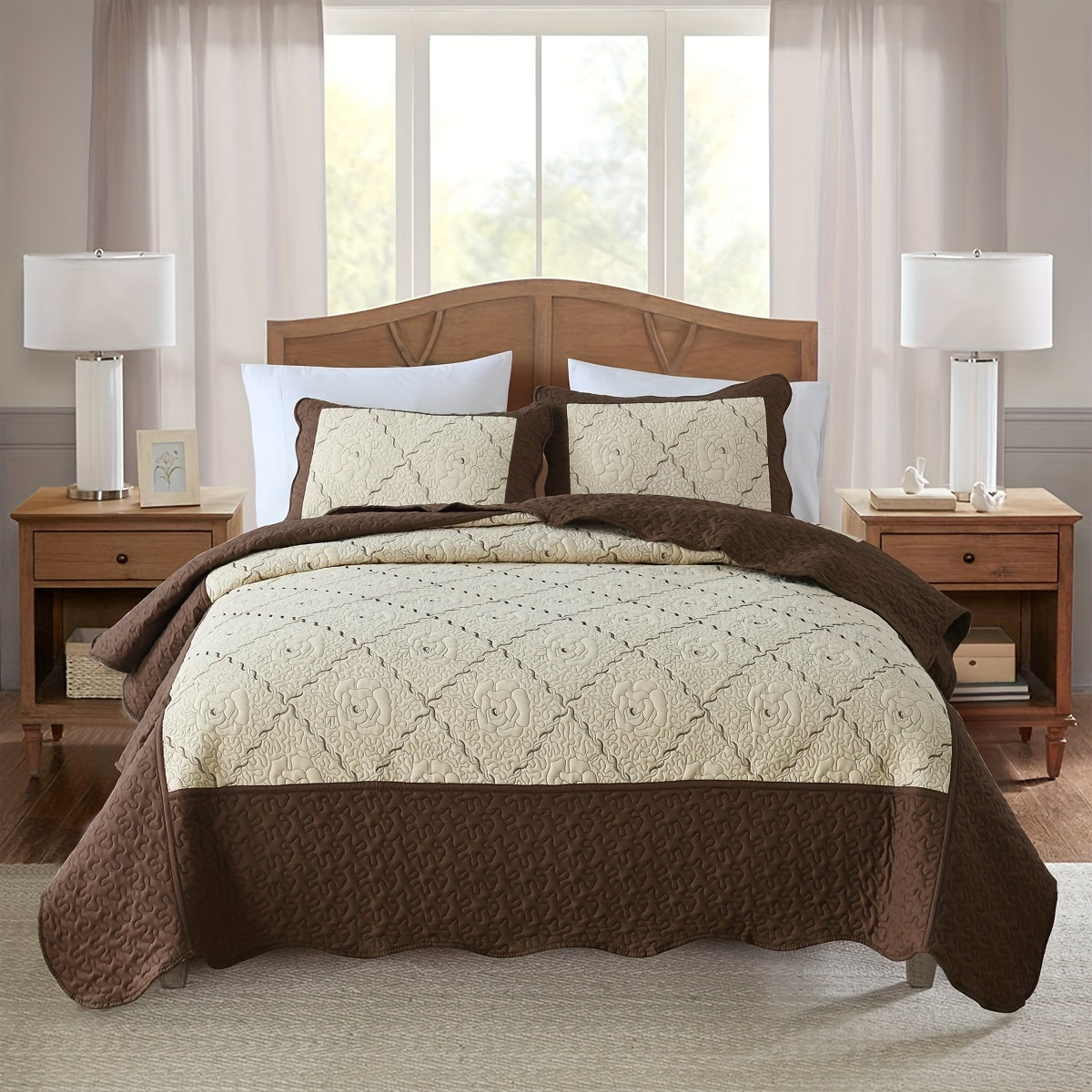 Red Quilt Cover Bedding Set with Flower Pattern Includes Bedspread and Pillowcases for Double Bed