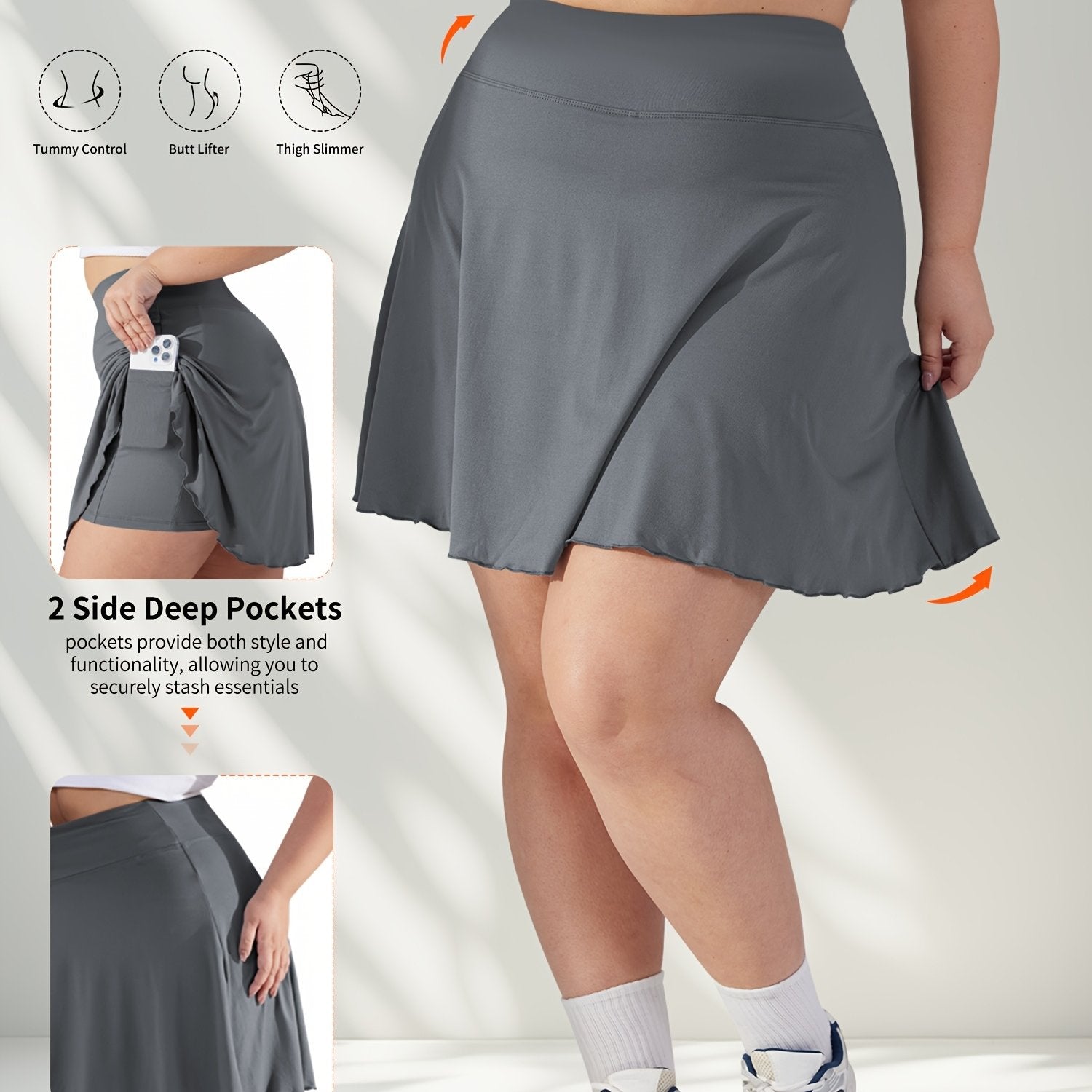 Plus Size Women's Tennis Skirt with Pockets, Green, High Stretch, Athletic Fit