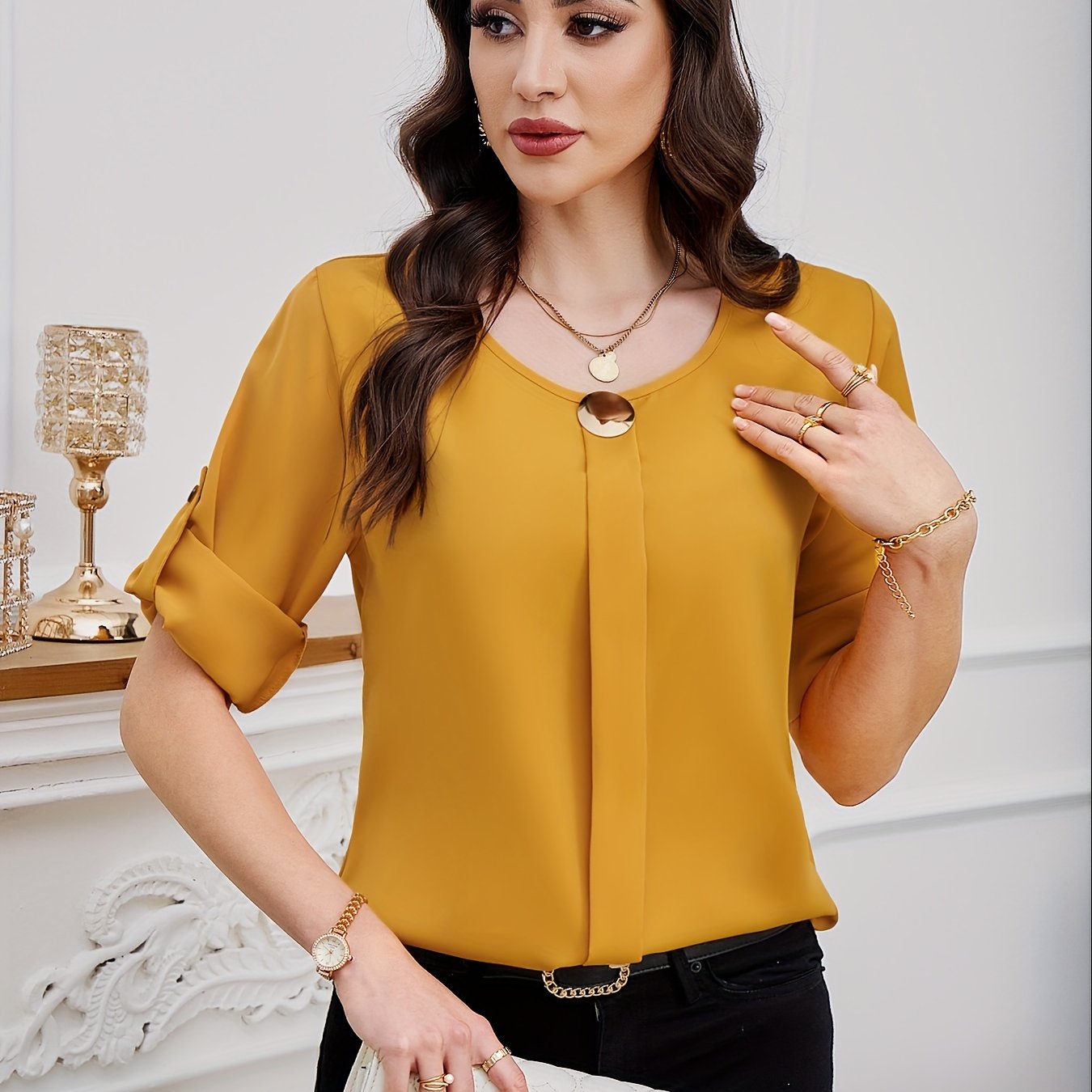 Pleated Blouse with Crew Neck Short Sleeves Solid Color Spring Summer Women