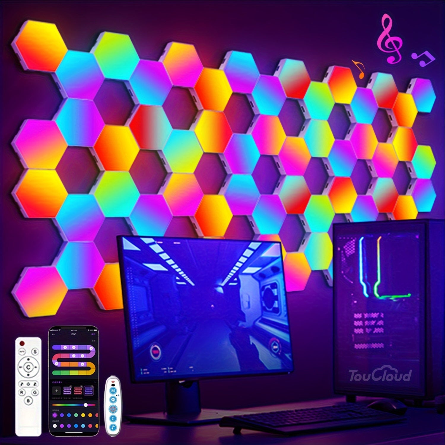 Hexagon RGB LED Wall Light Panels Color Changing Music Sync App Remote Decor for Gaming Bedroom Living Room