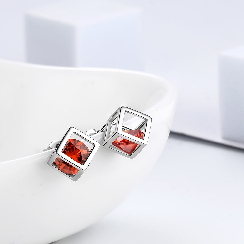 Small 3D Cube Birthstone Stud Earrings for Women Sterling Silver Minimalist Birthday Gift