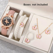 Set of 6 Women's Elegant Butterfly Rhinestone Quartz Watches with Leather Bands and Jewelry