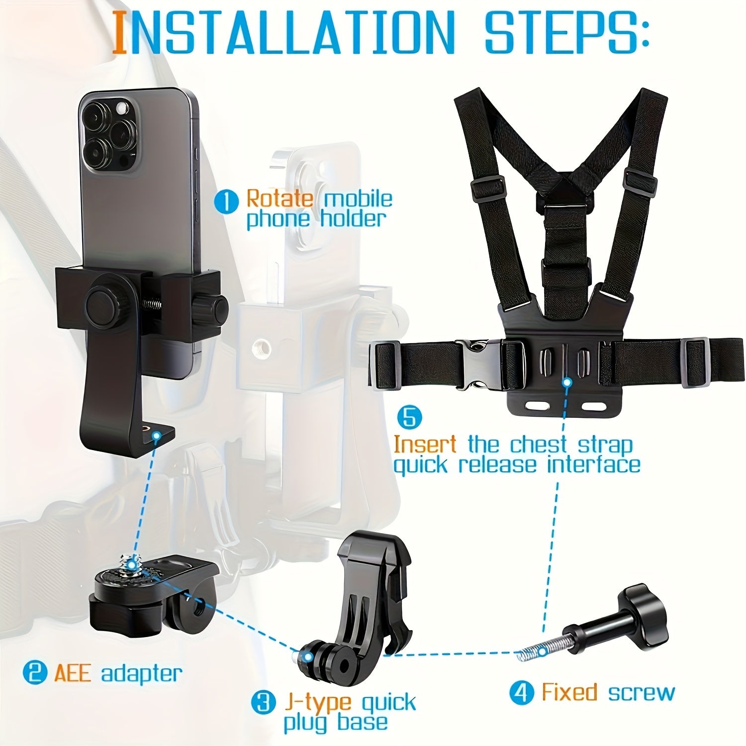 Polyamide Chest Strap Phone Mount with 360° Rotatable Holder for Running Cycling Video Recording