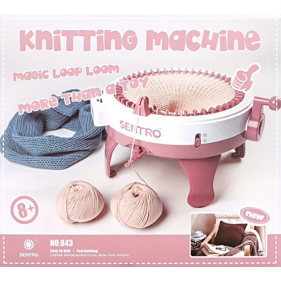 Kids Knitting Machine Kit 40-Needle Hand Crank Loom for Hats Scarves Socks Pink