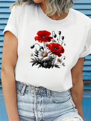 Plus Size Women's Floral Print T-Shirt Blue Short Sleeve Casual Top