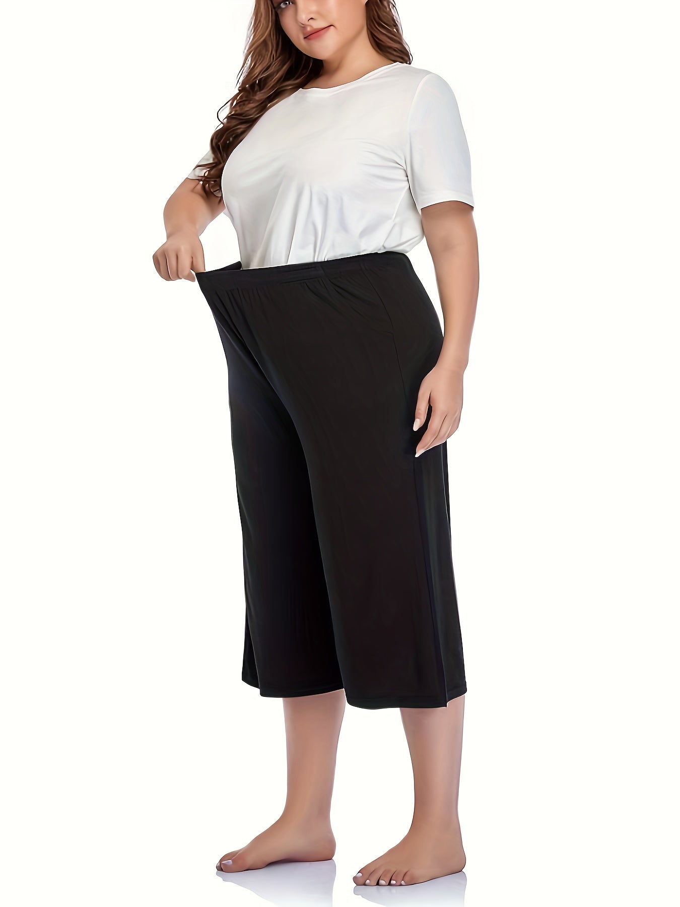 Women's Plus Size Stretchy Capri Pants with Pockets Black Wide Leg