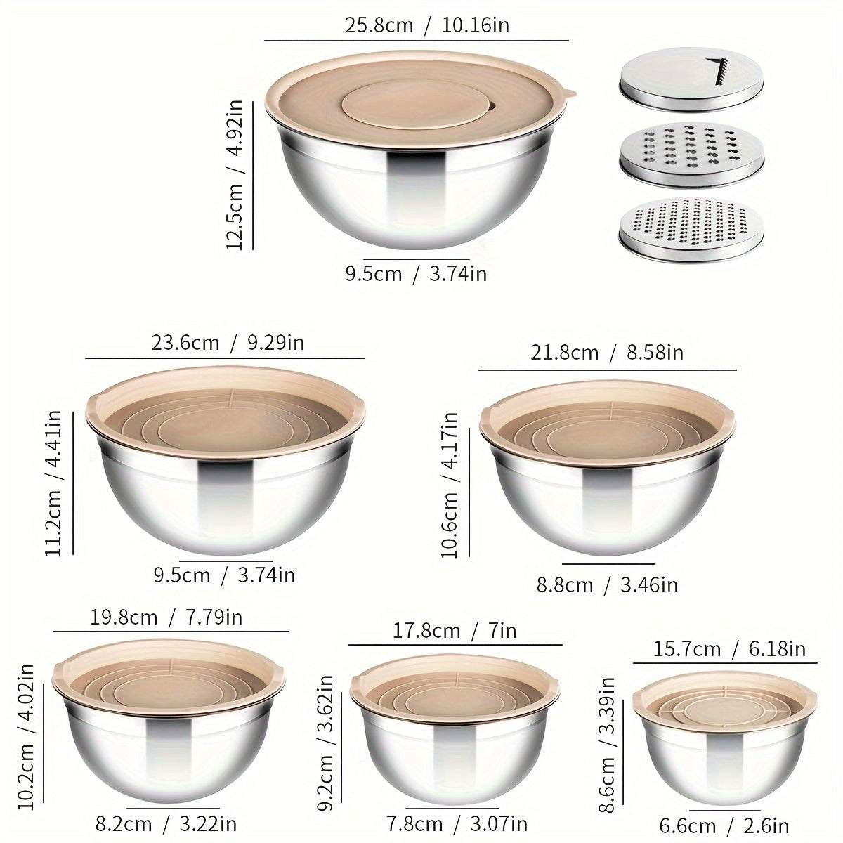 15-Piece Stainless Steel Mixing Bowls Set with Airtight Lids and Grater Attachments