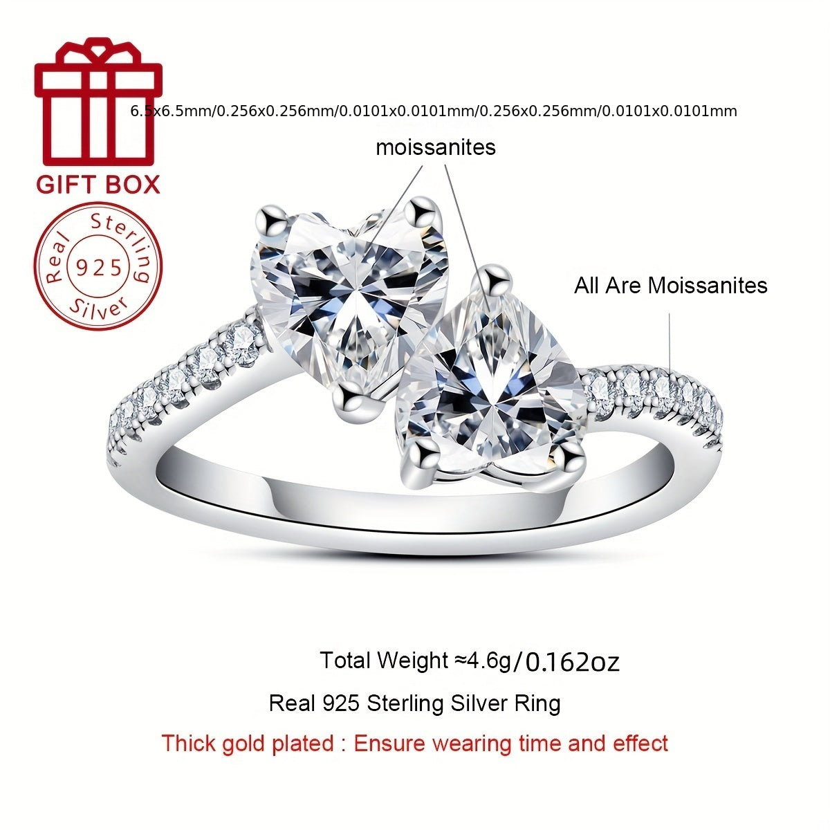 Women's Silver Heart-Shaped Moissanite Ring 6.5mm 2CT Side Stones Jewelry