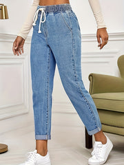 Women's Stretch Denim High-Waist Jeans Cuffed Hem Drawstring Waist
