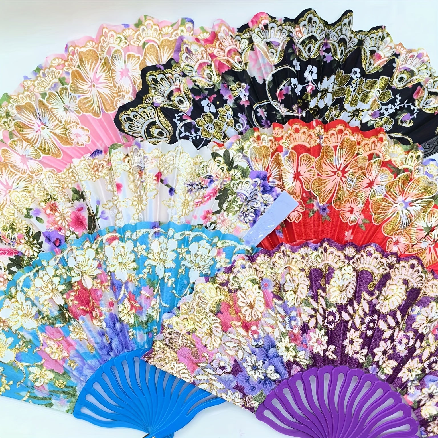 Set of 12 Floral Folding Fans Linen Fabric with Gold Glitter Patterns
